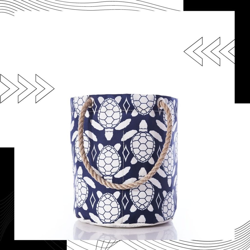 Stay on trend by purchasing upcycled items, such as the sea turtle beachcomber bucket bag made from recycled sails.